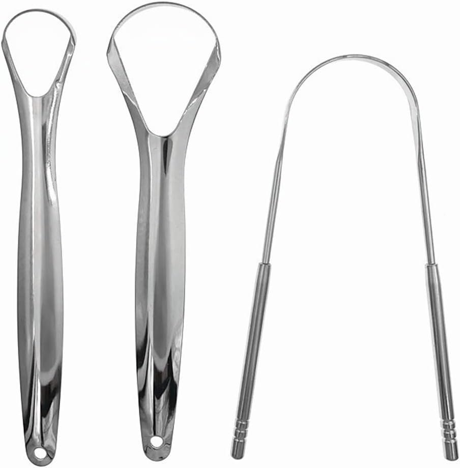 Pack of 3 Stainless Steel Tongue Cleaner Medical Tongue Scraper Against Bad Breath Tongue Brush Cleaner with Handle for Adults Oral Care