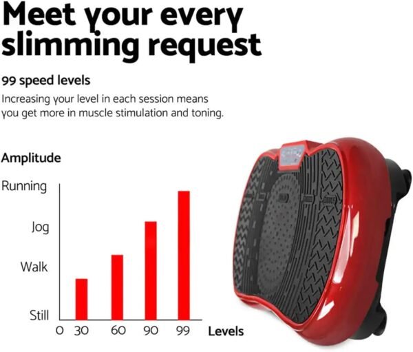 EZONEDEAL Vibration Platform Vibrating Machine Plate 180kg Capacity 99 Speed Levels Up-and-Down Vibrator w/Resistance Bands for Teens Seniors Home Exercise & Fitness Equipment Gym Supplies - Red - Image 5