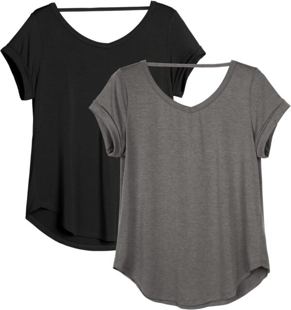 icyzone Yoga T-Shirts for Women Open Back - Workout Tops Short Sleeves Shirts Loose fit, 2 Pack