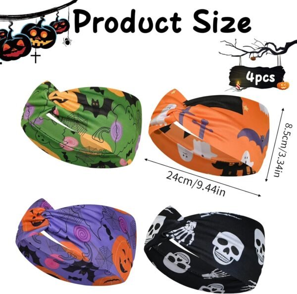 Pack of 4 Halloween Hair Bands for Women, Pumpkin Skeleton Skull Print Halloween Headbands, Holiday Head Wraps, Halloween Yoga Headband for Adults and Women, Sweatbands, Polyester - Image 2