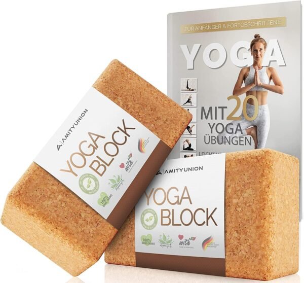 Yoga Block Set of 2 Cork 100% Natural - Hatha Block Also for Beginners Meditation & Pilates, Fitness Accessories Aid for Regeneration, Back, Stretching Exercises & Blockage Training, Two Blocks Pieces