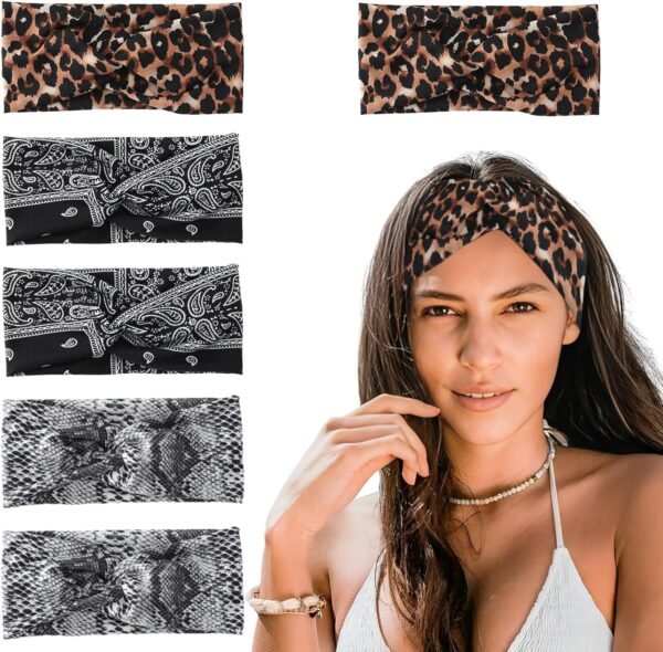 Tibapla Pack of 6 Headband Hair Bands Women's Elastic Hair Band Soft Headband Boho Headbands Sports Yoga Hair Accessories for Sports Running Exercise Gym (Patterned) - Image 5