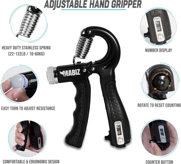 MABIZ Hand Grip Strengthener (5 PC) Adjustable Hand Gripper 10-60 KG, Finger Exerciser, Finger Stretcher, Grip Ring, Squeeze Stress Relief Ball With Carry Bag for Hand, Wrist Rehabilitation and Flexibility Training, Enhance Strength and Grip - Image 2