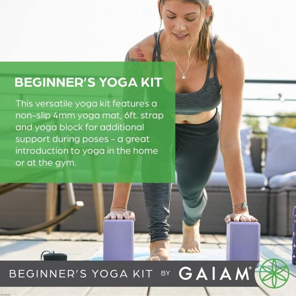 Gaiam Beginner's Yoga Starter Kit Set (Yoga Mat, Yoga Block, Yoga Strap) - Light 4mm Thick Printed Non-Slip Exercise Mat for Everyday Yoga - Includes 6ft Yoga Strap & Yoga Brick - Image 2