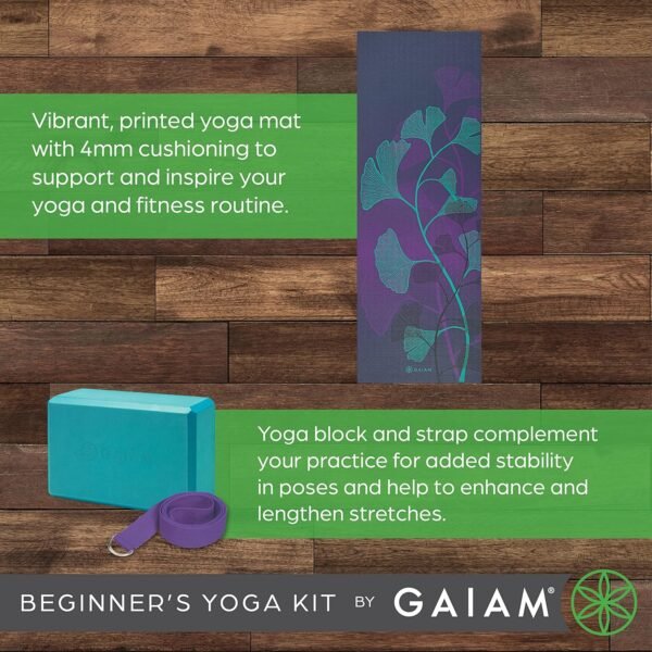 Gaiam Beginner's Yoga Starter Kit Set (Yoga Mat, Yoga Block, Yoga Strap) - Light 4mm Thick Printed Non-Slip Exercise Mat for Everyday Yoga - Includes 6ft Yoga Strap & Yoga Brick - Image 3