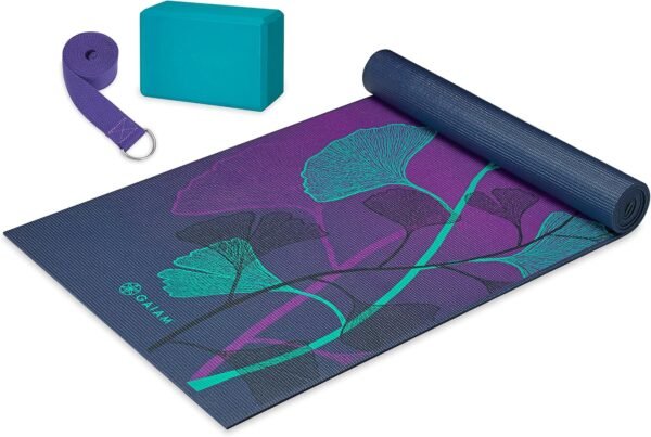 Gaiam Beginner's Yoga Starter Kit Set (Yoga Mat, Yoga Block, Yoga Strap) - Light 4mm Thick Printed Non-Slip Exercise Mat for Everyday Yoga - Includes 6ft Yoga Strap & Yoga Brick