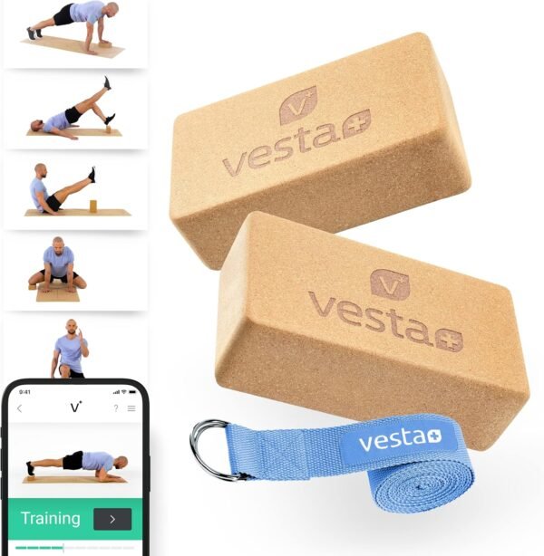 Vesta+ Yoga Block Cork Set of 2 with Yoga Strap, Yoga Block Cork Test Winner as Yoga Block Set of 2, Your Sustainable Yoga Accessories Made of Natural Cork and Cotton as Yoga Set, Yoga Blocks Set 2